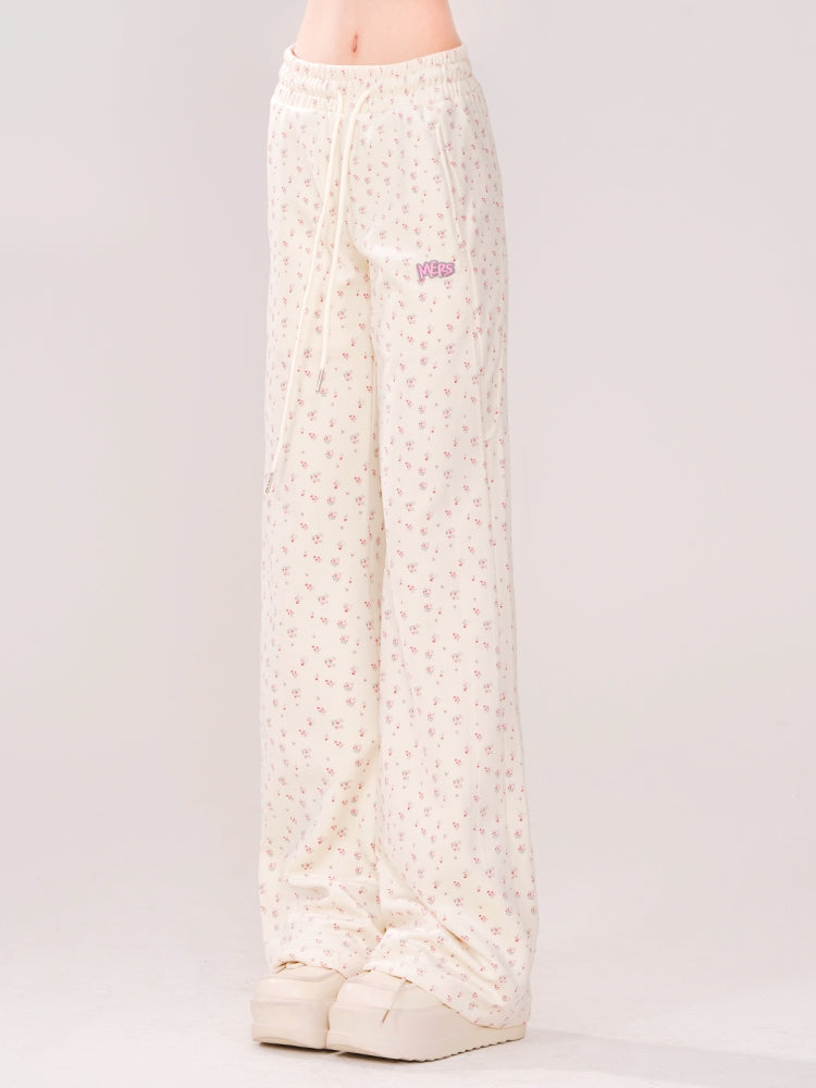 Korean-Style Floral Print Drawstring Casual Pants