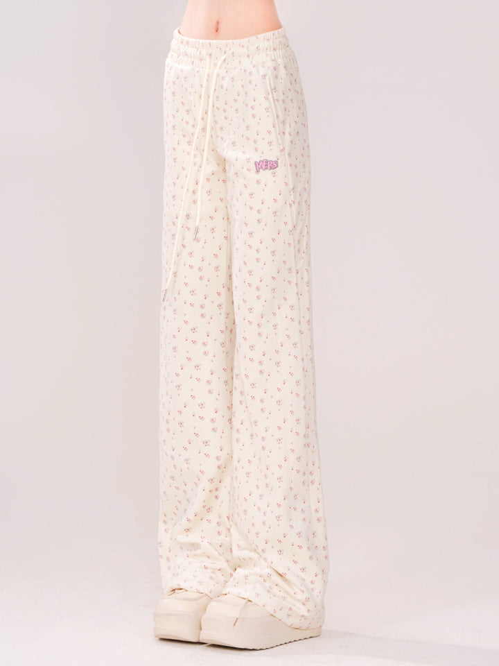 Korean-Style Floral Print Drawstring Casual Pants