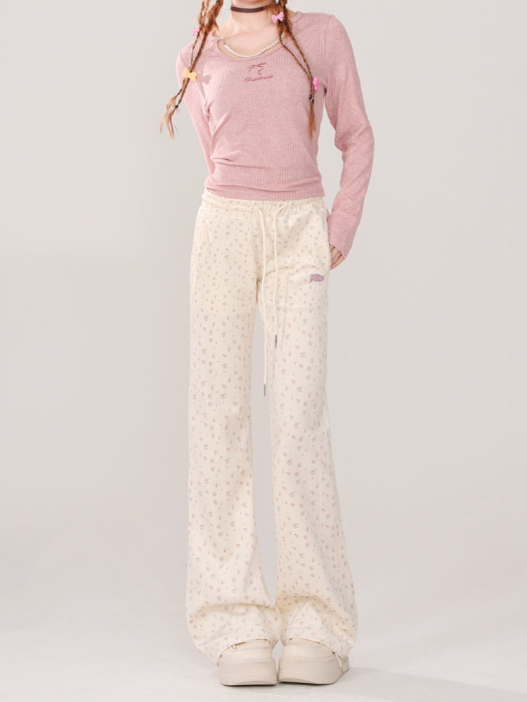 Korean-Style Floral Print Drawstring Casual Pants