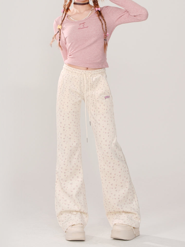 Korean-Style Floral Print Drawstring Casual Pants