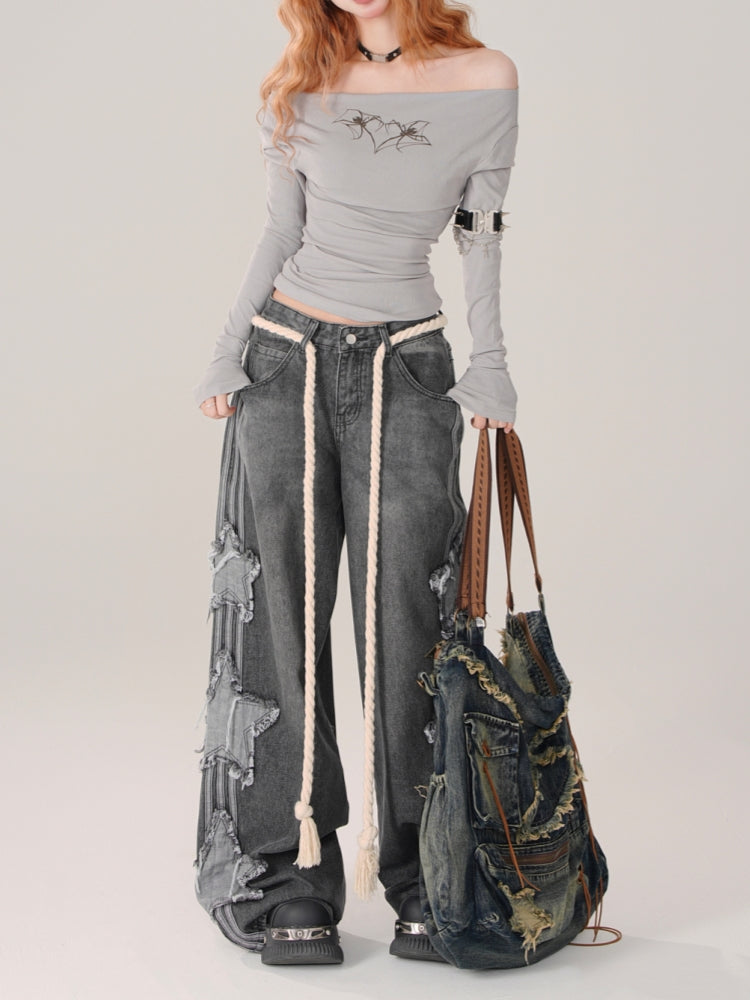 Star Embroidery Sweet and Cool Style Spring Jeans