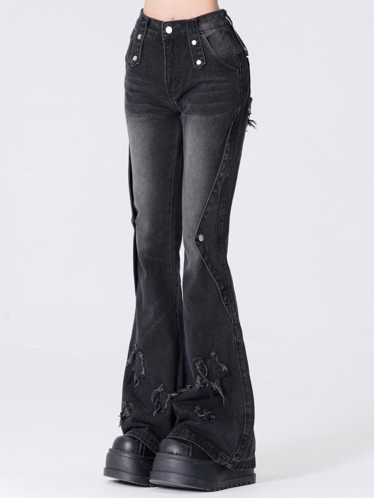 Star Embroidery Slimming Washed Slight Flare Jeans