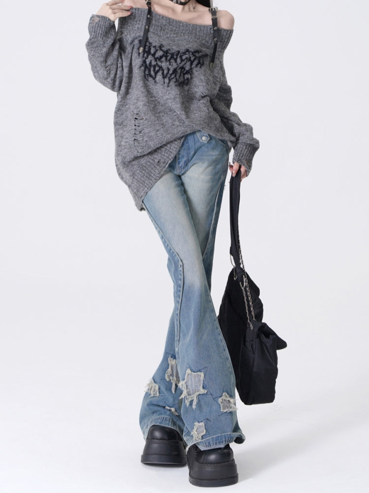 Star Embroidery Slimming Washed Slight Flare Jeans