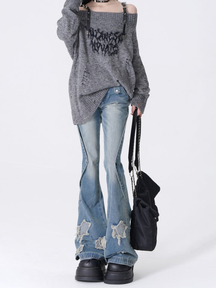 Star Embroidery Slimming Washed Slight Flare Jeans