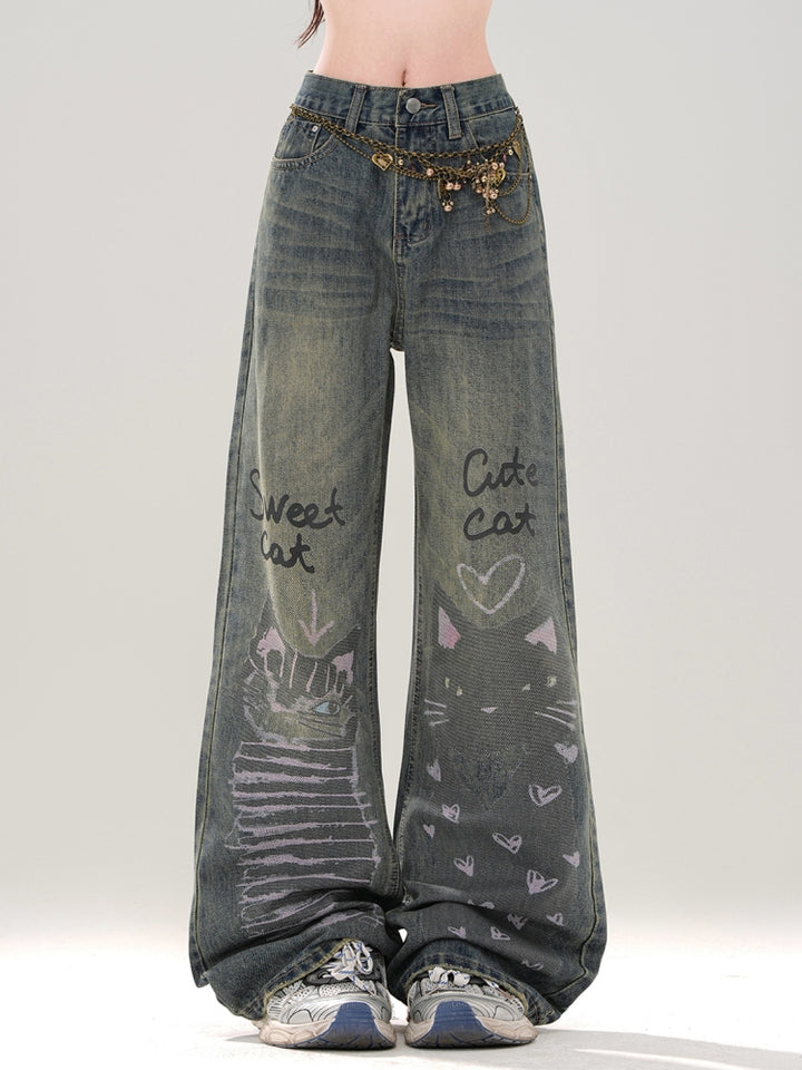 Vintage Cat Print Fall and Winter Jeans