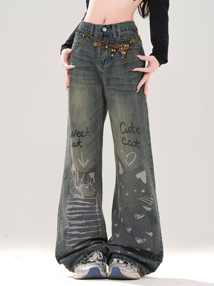 Vintage Cat Print Fall and Winter Jeans