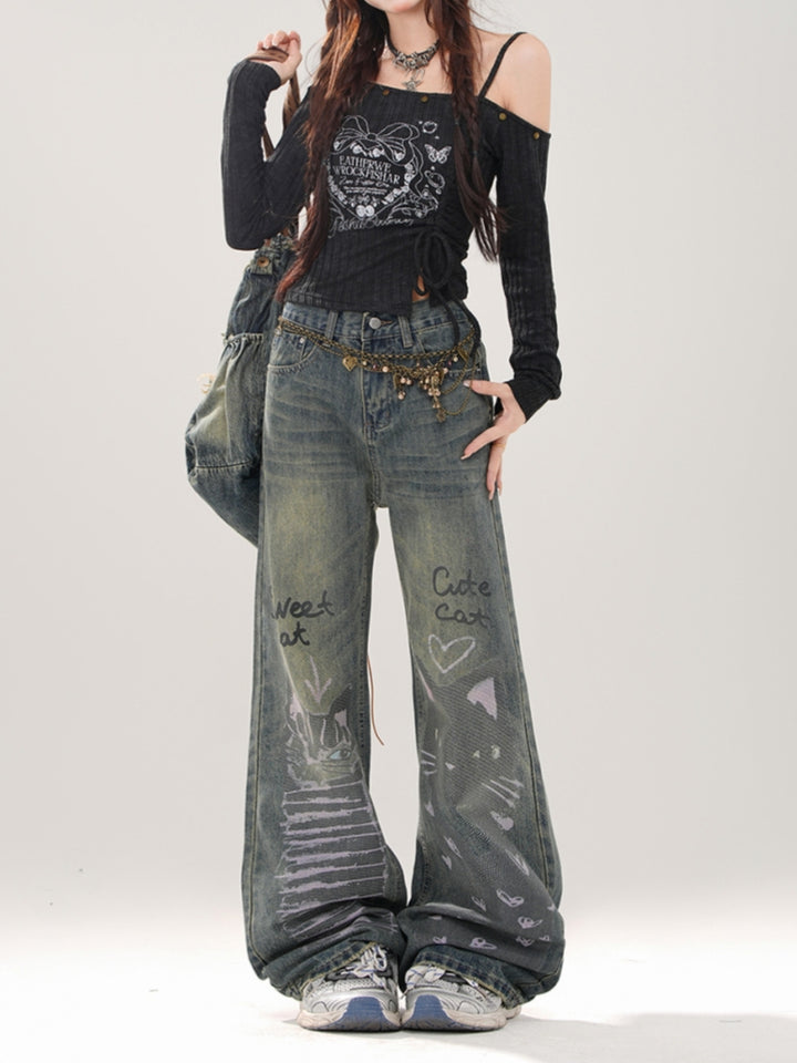 Vintage Cat Print Fall and Winter Jeans