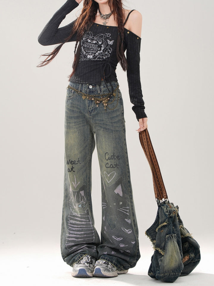 Vintage Cat Print Fall and Winter Jeans