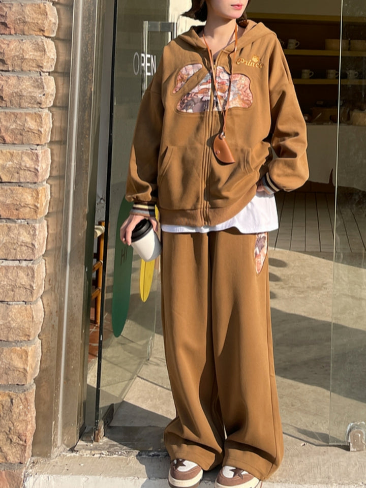 Brown High-Waisted Cartoon Print Casual Pants