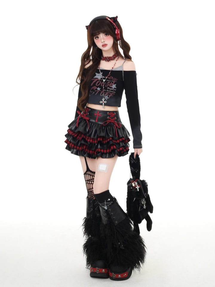 Hot Girl Subculture Punk Leather Cake Skirt
