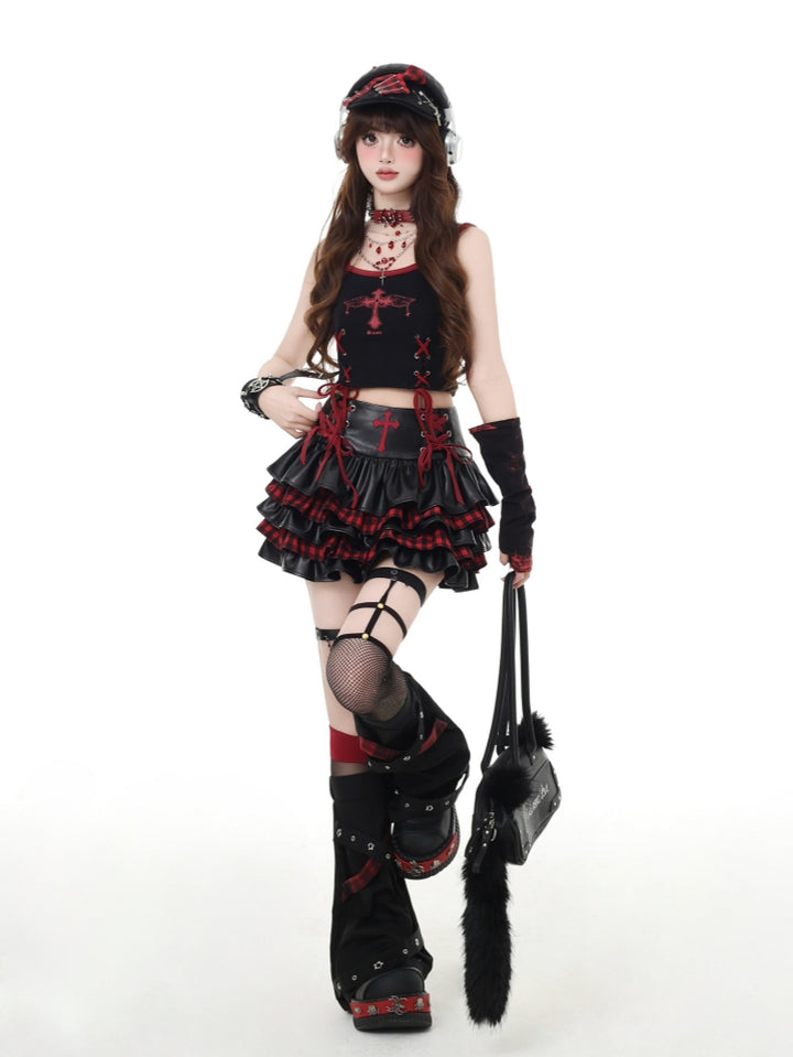 Hot Girl Subculture Punk Leather Cake Skirt