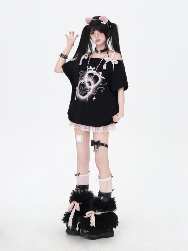 Off-Shoulder Lace Bow Loose-Fit T-Shirt