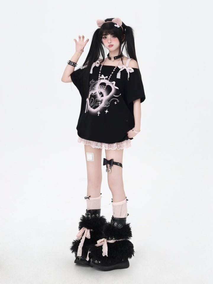 Off-Shoulder Lace Bow Loose-Fit T-Shirt