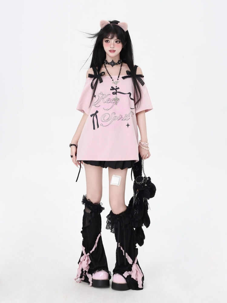 Off-Shoulder Lace Bow Loose-Fit T-Shirt