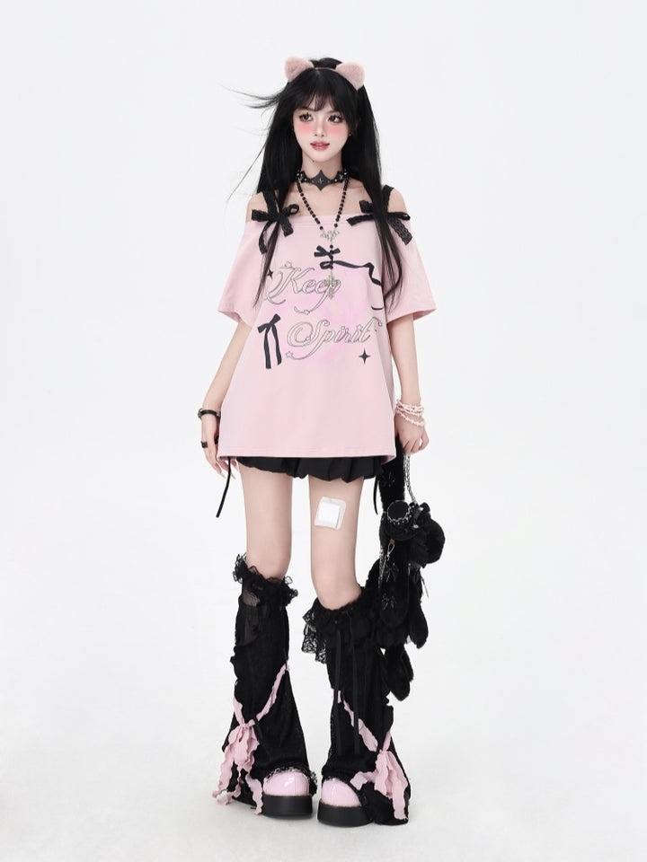 Off-Shoulder Lace Bow Loose-Fit T-Shirt