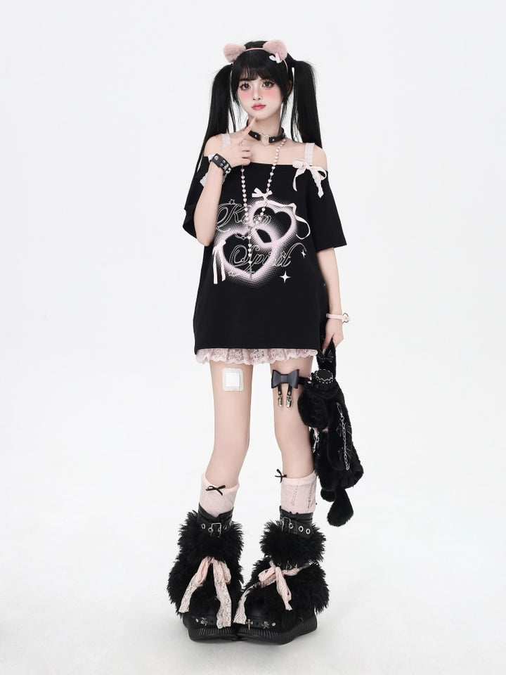 Off-Shoulder Lace Bow Loose-Fit T-Shirt