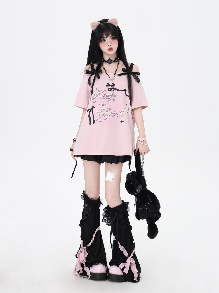 Off-Shoulder Lace Bow Loose-Fit T-Shirt