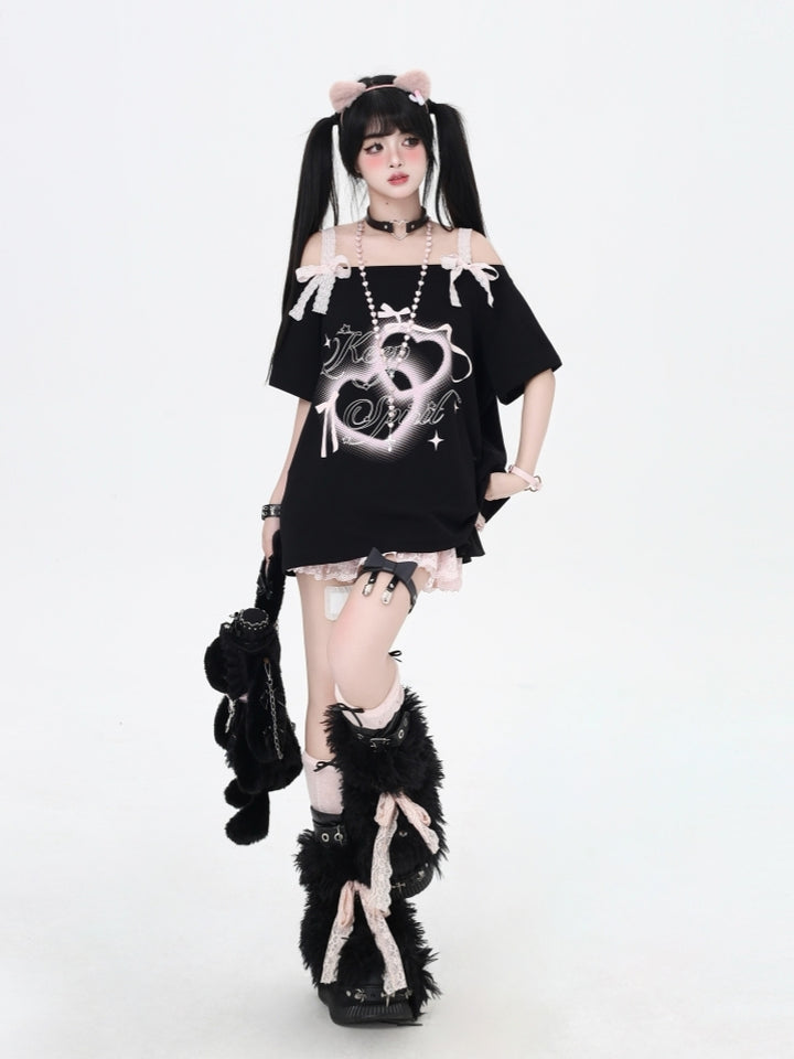 Off-Shoulder Lace Bow Loose-Fit T-Shirt