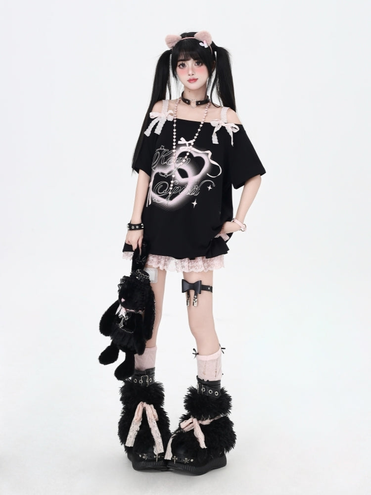 Off-Shoulder Lace Bow Loose-Fit T-Shirt