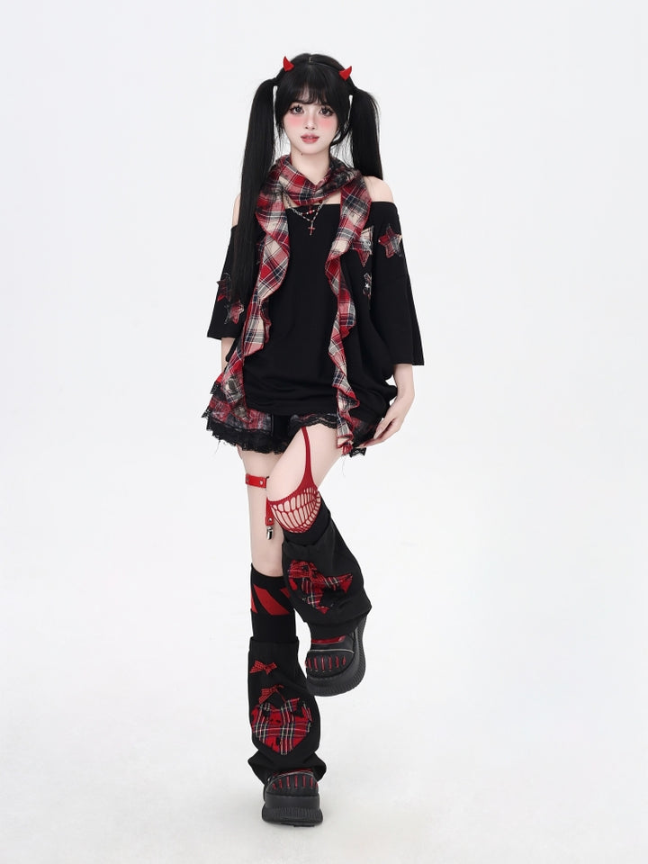 Red Plaid Star Patch Hot Girl T-Shirt Summer