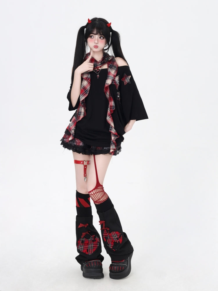 Red Plaid Star Patch Hot Girl T-Shirt Summer