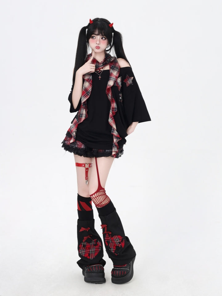 Red Plaid Star Patch Hot Girl T-Shirt Summer