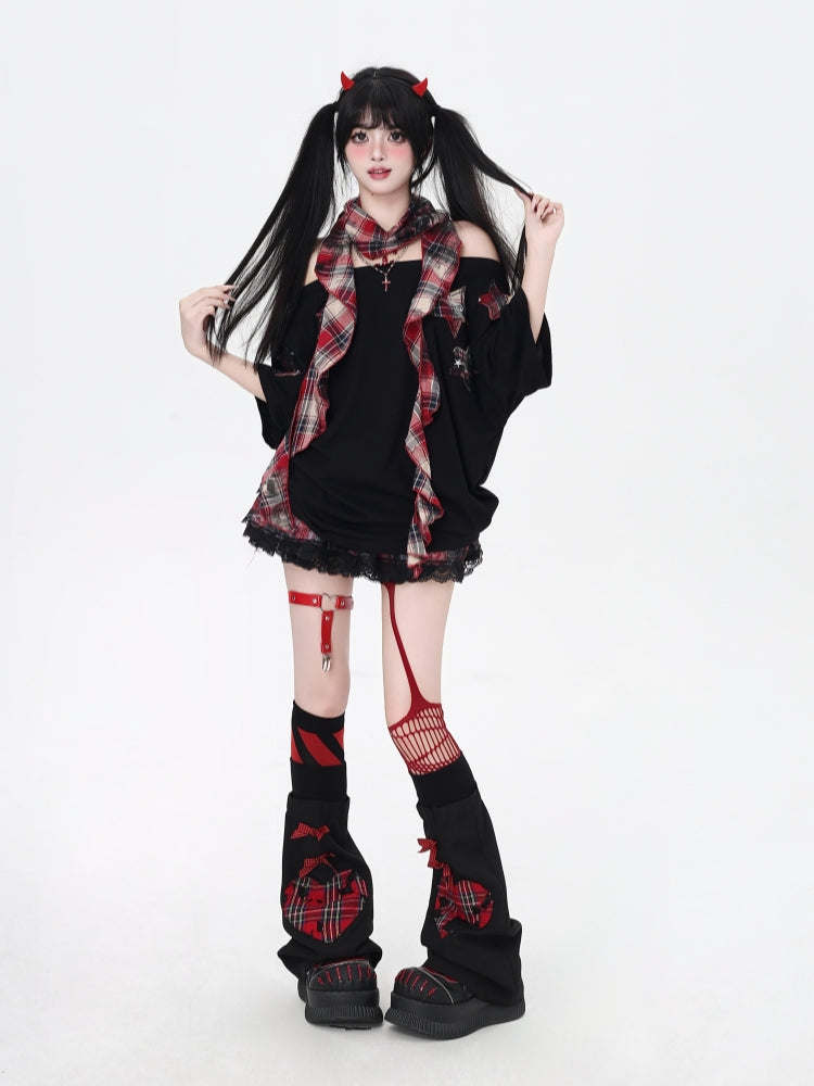 Red Plaid Star Patch Hot Girl T-Shirt Summer