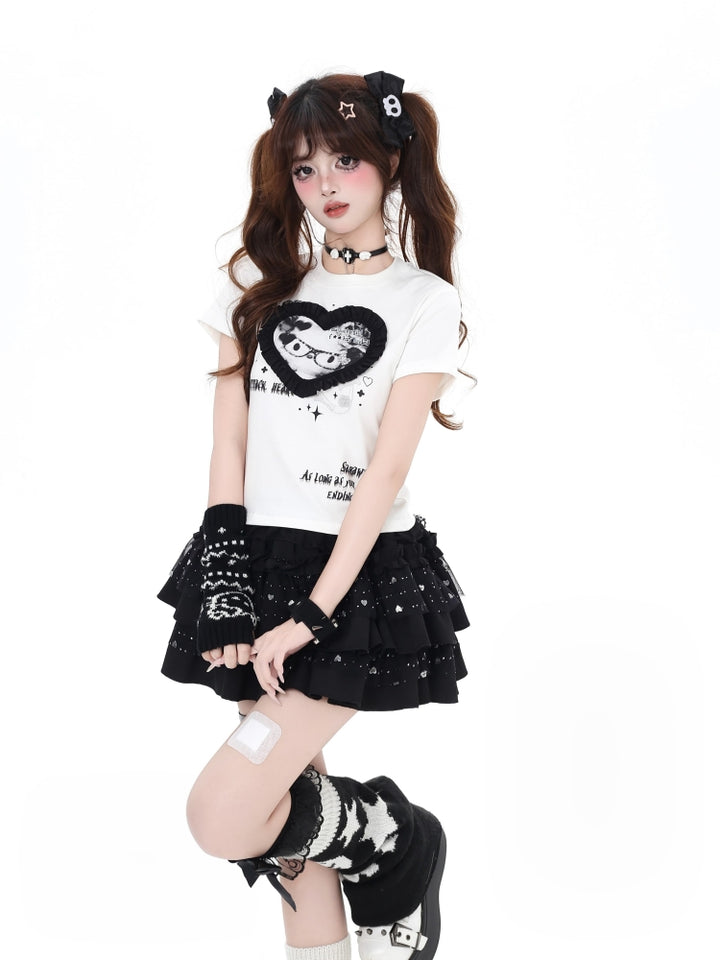 Black/White Kitten Lace-Trimmed Crew Neck Crop T-Shirt