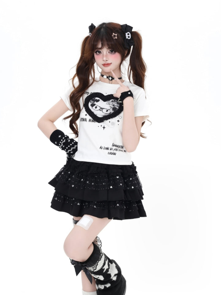 Black/White Kitten Lace-Trimmed Crew Neck Crop T-Shirt