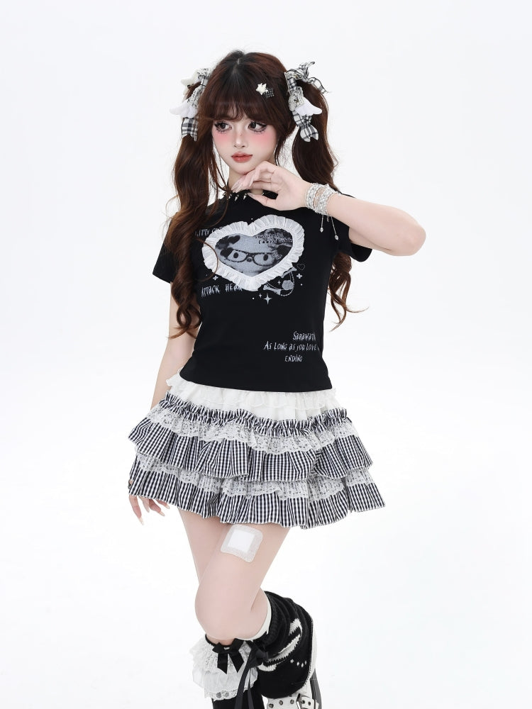 Black/White Kitten Lace-Trimmed Crew Neck Crop T-Shirt