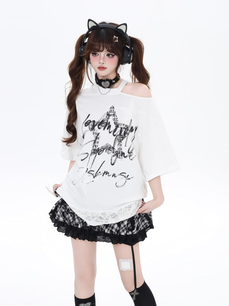Black/White Off-Shoulder Star Print Loose T-Shirt