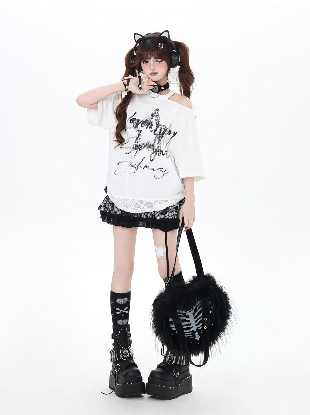 Black/White Off-Shoulder Star Print Loose T-Shirt