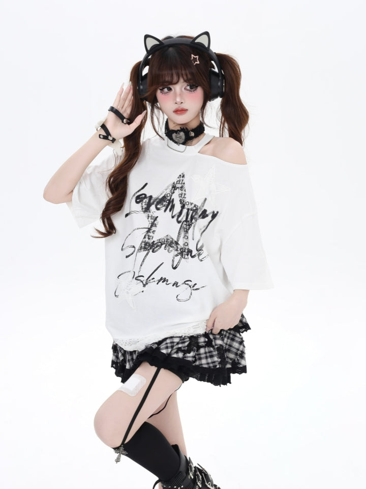 Black/White Off-Shoulder Star Print Loose T-Shirt