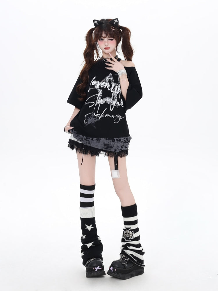 Black/White Off-Shoulder Star Print Loose T-Shirt