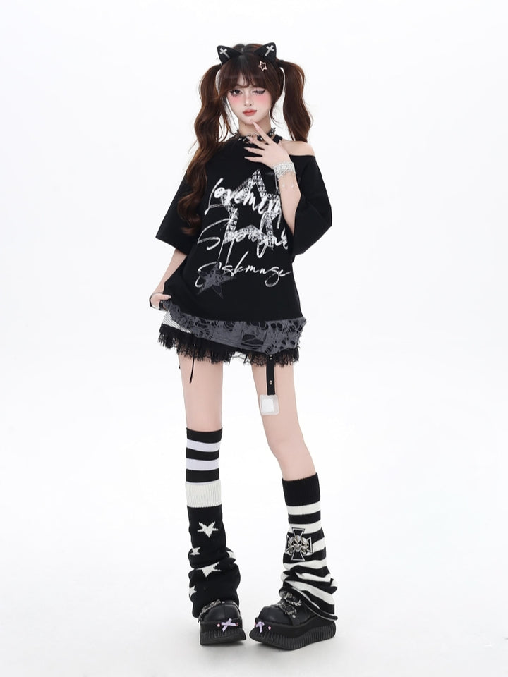 Black/White Off-Shoulder Star Print Loose T-Shirt
