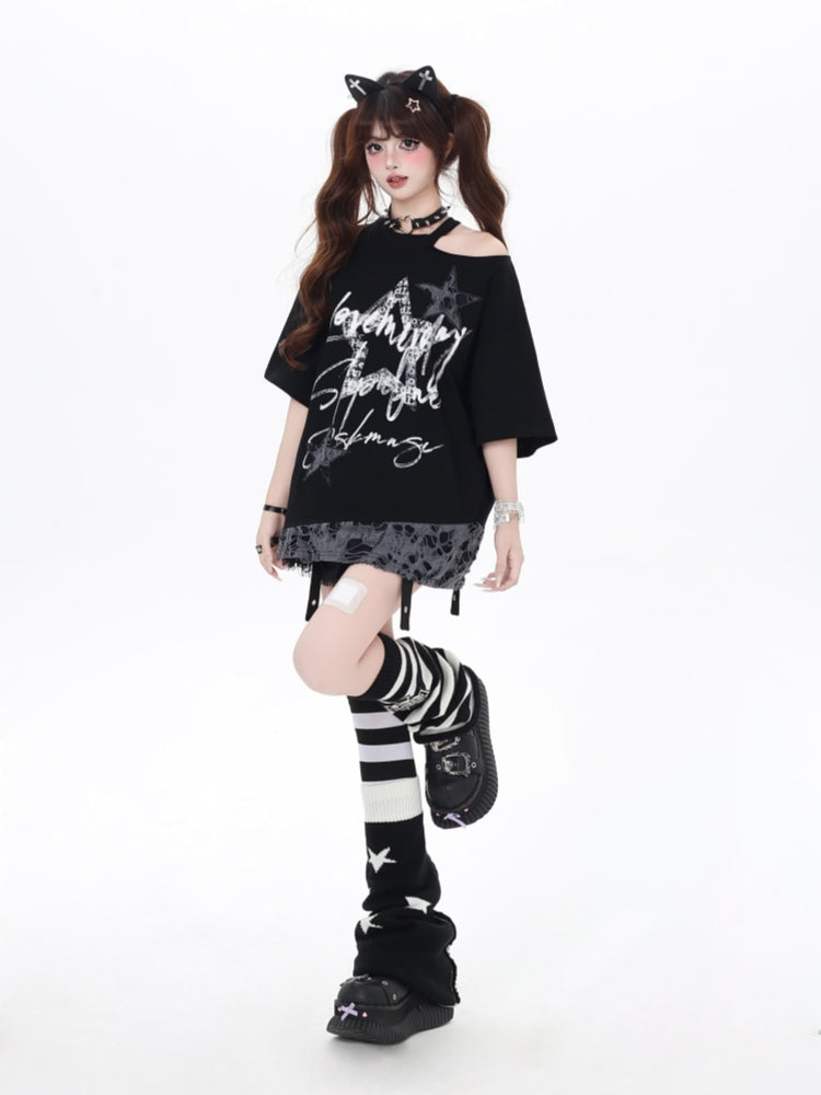 Black/White Off-Shoulder Star Print Loose T-Shirt