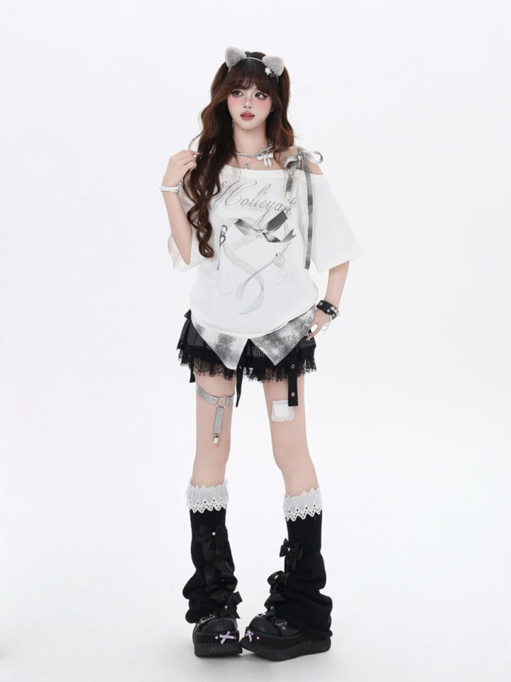 Off-Shoulder Bow Plaid Patchwork T-Shirt