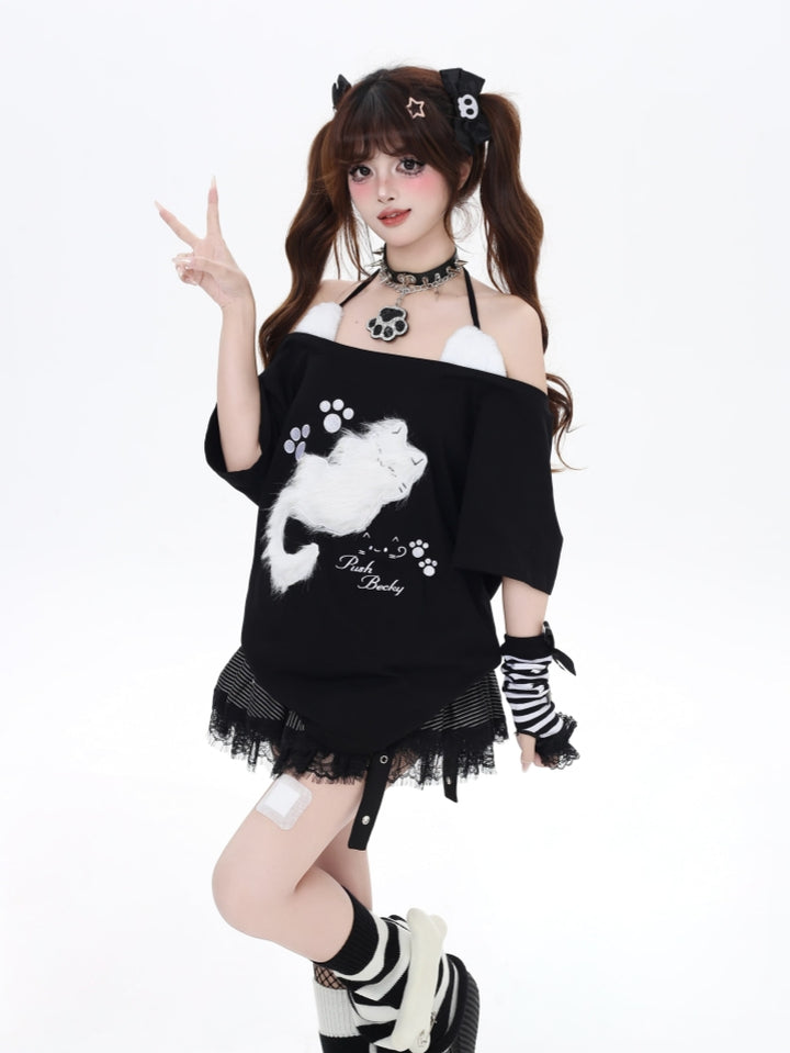 Kitten Embroidery Off-Shoulder Loose Casual Top