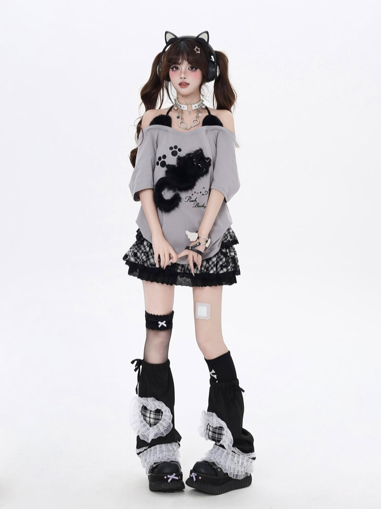 Kitten Embroidery Off-Shoulder Loose Casual Top