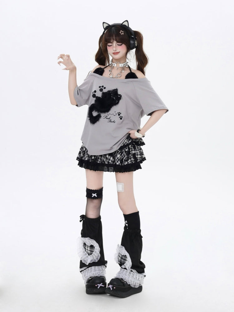 Kitten Embroidery Off-Shoulder Loose Casual Top