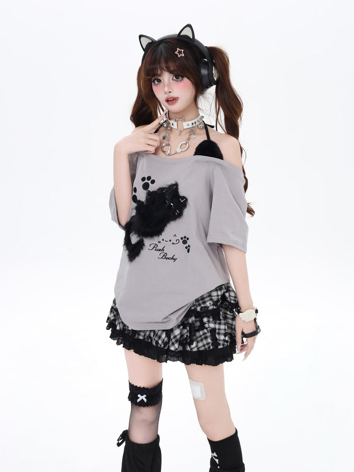 Kitten Embroidery Off-Shoulder Loose Casual Top