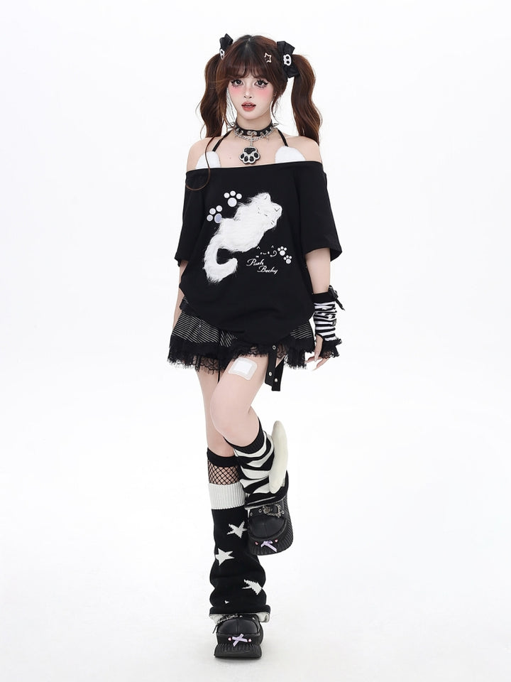 Kitten Embroidery Off-Shoulder Loose Casual Top