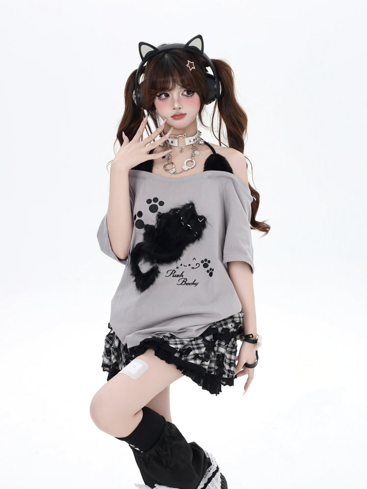 Kitten Embroidery Off-Shoulder Loose Casual Top