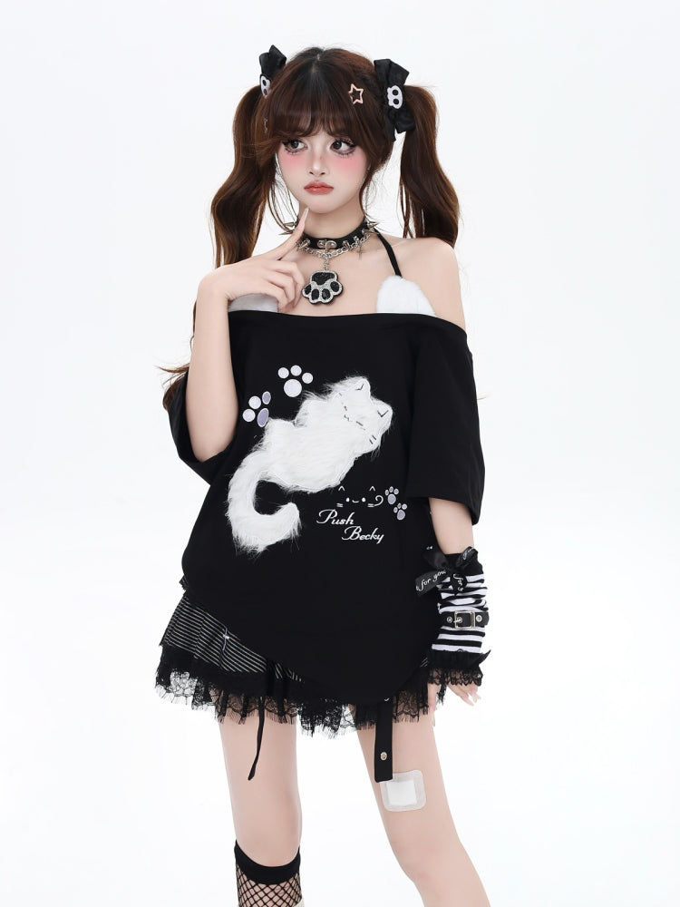 Kitten Embroidery Off-Shoulder Loose Casual Top