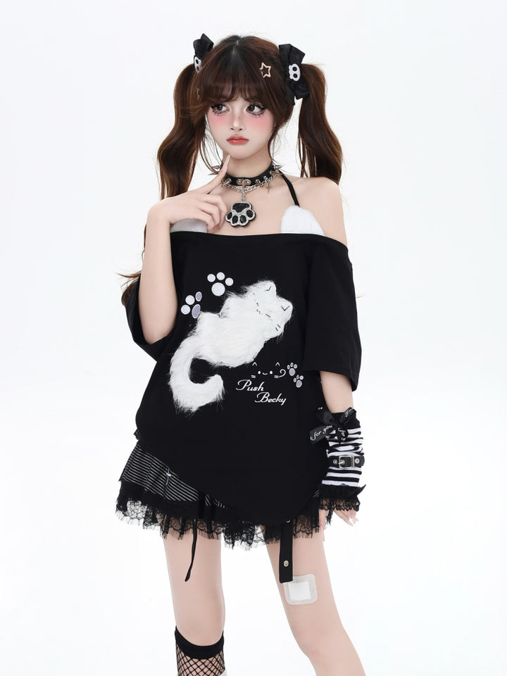 Kitten Embroidery Off-Shoulder Loose Casual Top