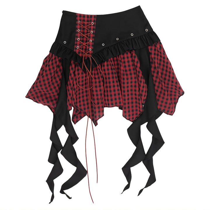 Gothic Red & Black Checkered Mini Skirt with Corset Lace-Up and Ruffled Hem