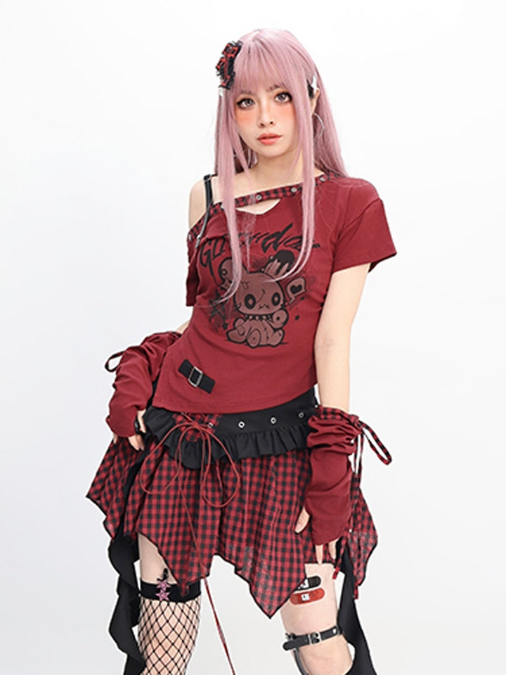 Gothic Red & Black Checkered Mini Skirt with Corset Lace-Up and Ruffled Hem
