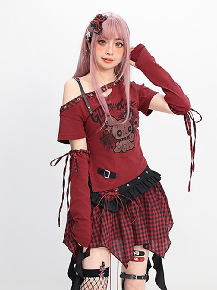 Gothic Red & Black Checkered Mini Skirt with Corset Lace-Up and Ruffled Hem
