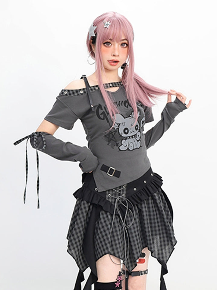 Gothic Red & Black Checkered Mini Skirt with Corset Lace-Up and Ruffled Hem