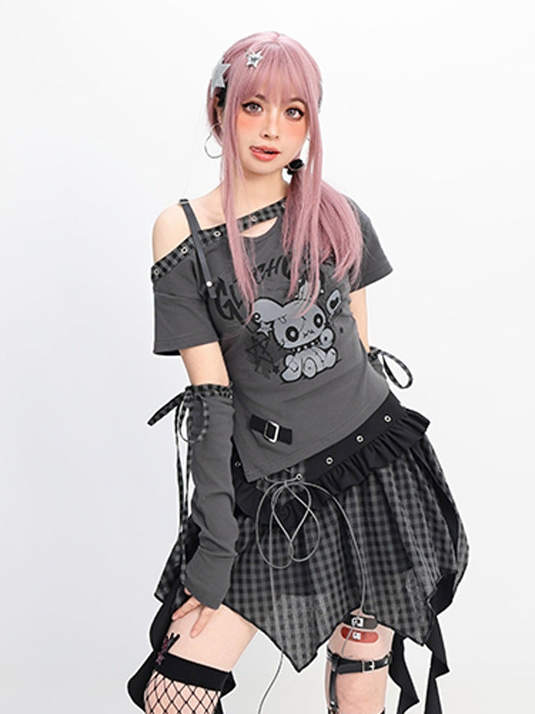 Gothic Red & Black Checkered Mini Skirt with Corset Lace-Up and Ruffled Hem